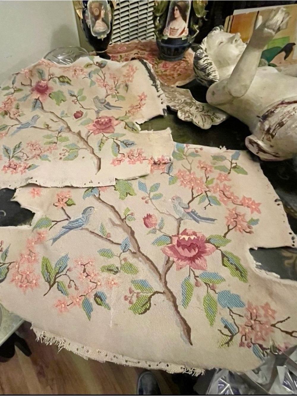 Antique Embroidered Floral & Bluebird Textile Panel - Pink, Blue, Green Tapestry
